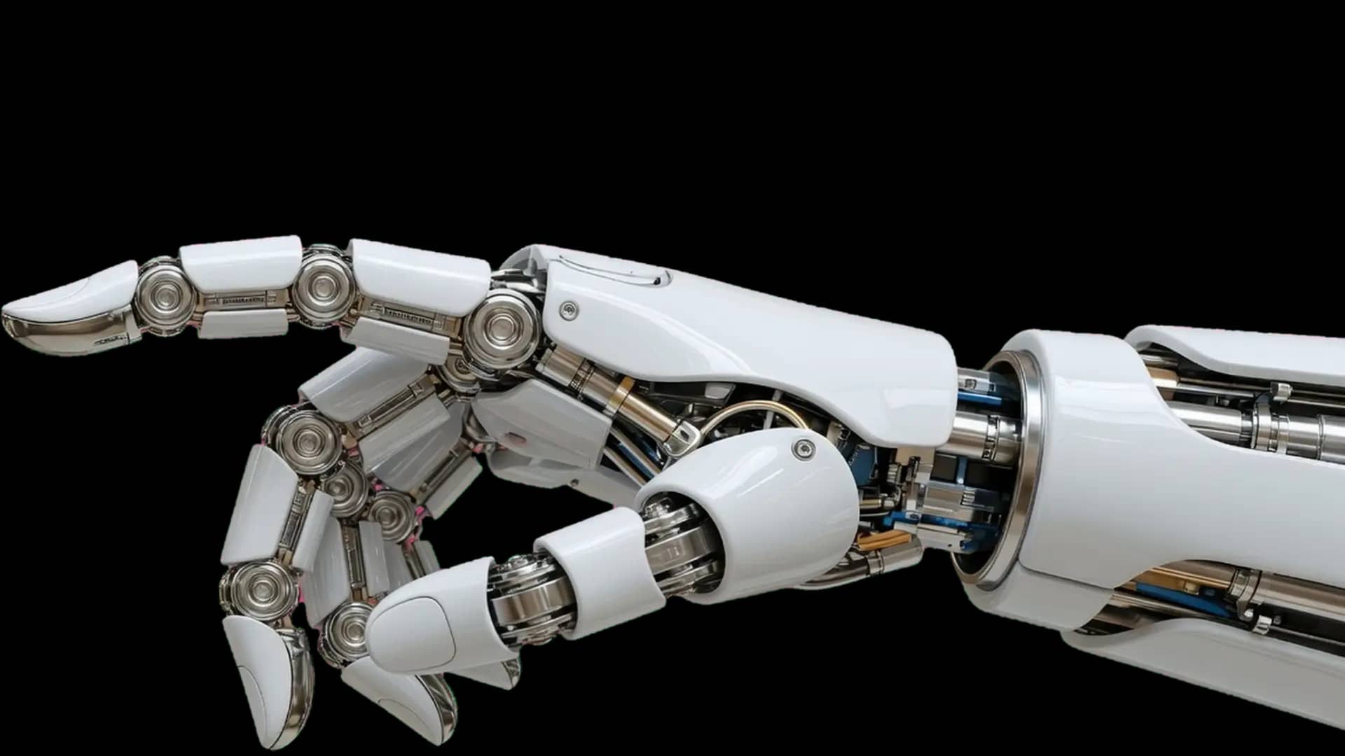 Chrome robotic hand reaching toward a human hand. Original IreClaw artwork — replace with final photography if you commission a reshoot.